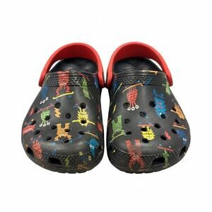 Crocs Kids Black Monster Print Clogs Size C10 Red Strap Slip On Shoes
